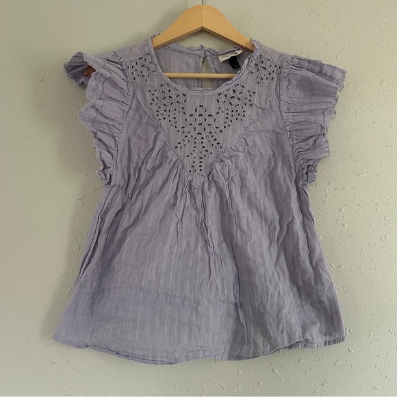 🦋 Universal Thread Blue Ruffle Short Sleeve Blouse Boho Bohemian Casual Large - Picture 1 of 4